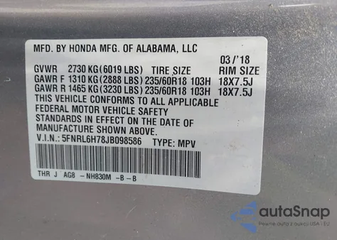 2018 Honda Odyssey Ex-L из США, поврежденный, VIN 5FNRL6H78JB098586